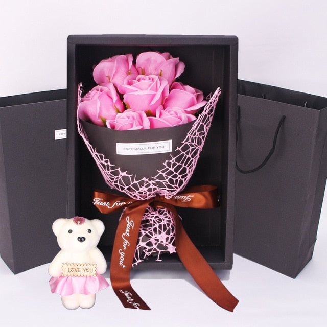 Caja rosas jabon y peluche chica